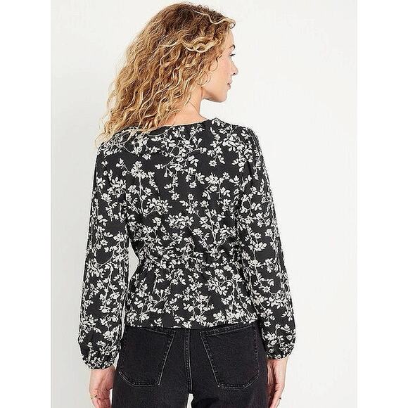 Old Navy Black Ivory Floral Tie Neck V Neck Ruffle Long Sleeve Blouse Top Size M - Picture 3 of 7